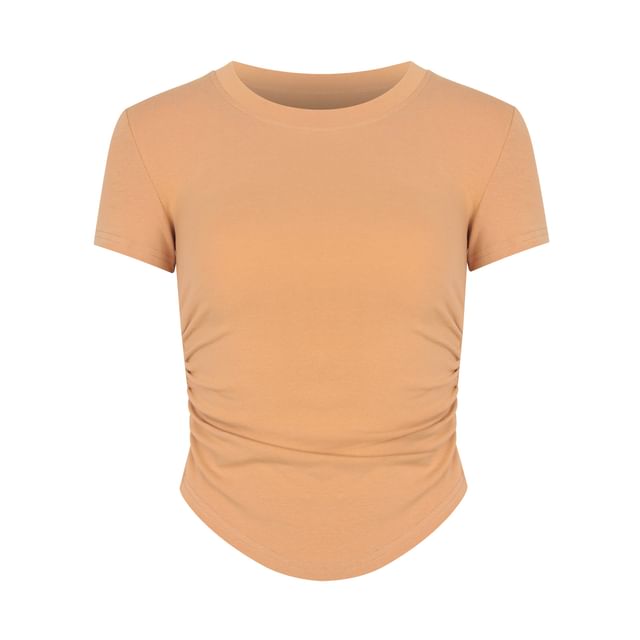Colada-Short-Sleeve Round Neck Plain Ruched Asymmetrical Tee