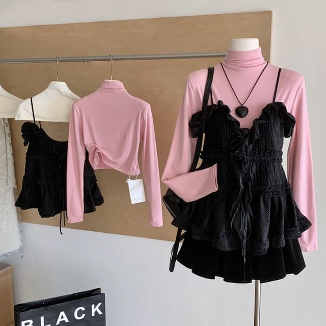 Dute-Set Long Sleeve Mock Neck Plain Top Plain Ruffle Camisole Top