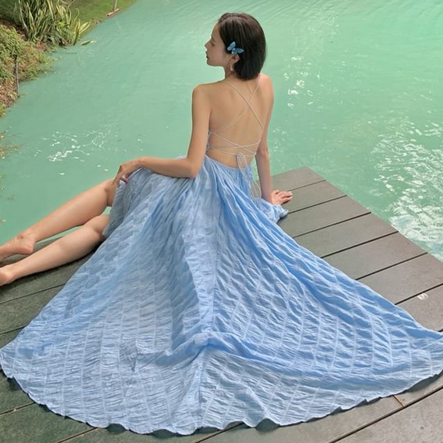 Faiar-Spaghetti Strap Plain Open Back Maxi A-Line Dress