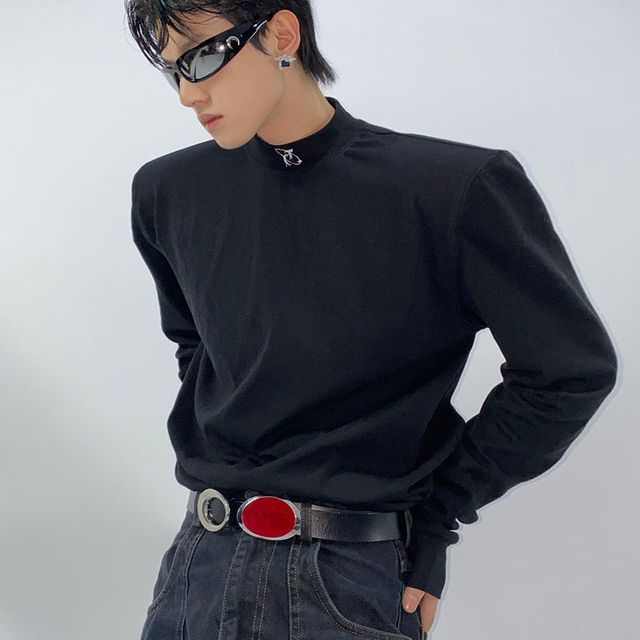 kooklay-Long-Sleeve High Neck Plain T-Shirt