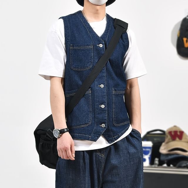 Adothuiastic-V-Neck Contrast Stitched Washed Button-Up Denim Cargo Vest