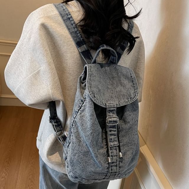 Milha-Buckled Drawstring Denim Flap Backpack