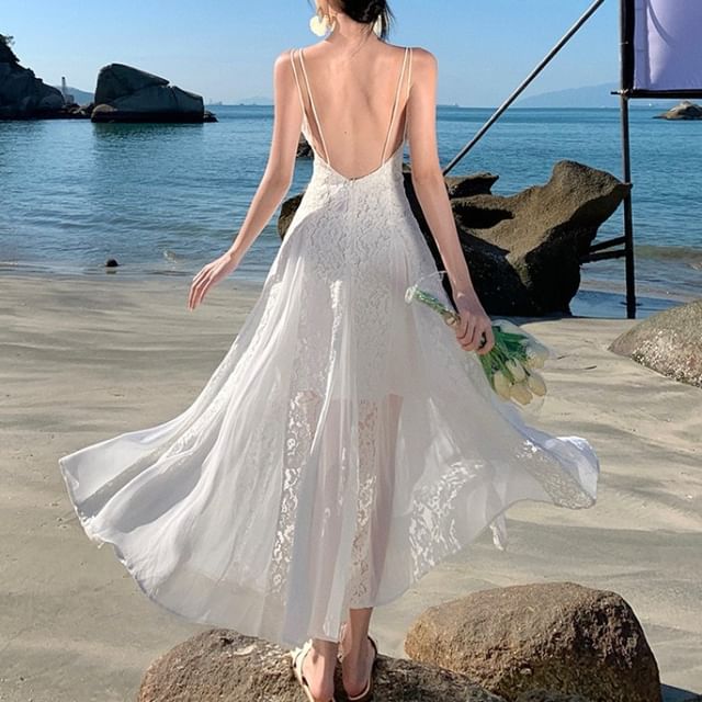 BOHEME - Spaghetti Strap Plain Backless Panel Lace Maxi A-Line Dress | YesStyle BOHEME - Spaghetti Strap Plain Backless Panel Lace Maxi A-Line Dress | YesStyle