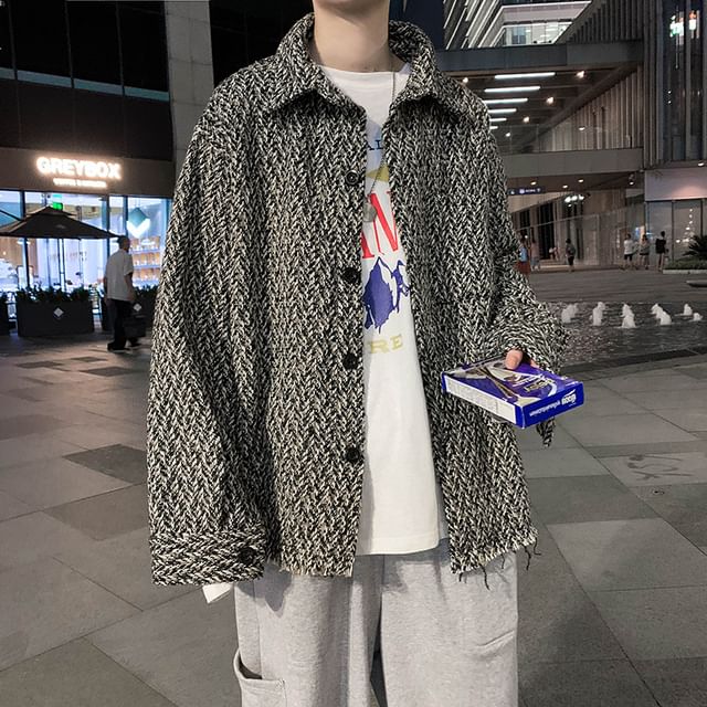 Hushgrain-Lapel Collar Herringbone Button Down Oversized Shirt Jacket