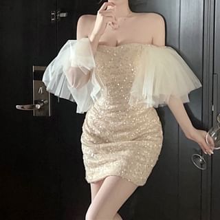 Yilda-Detachable Sleeve Off Shoulder Sequin Panel Mesh Mini Sheath Tube Cocktail Dress