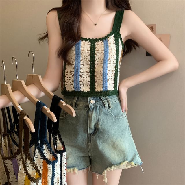 OGAWA-Spaghetti Strap Square Neck Crochet Cropped Top