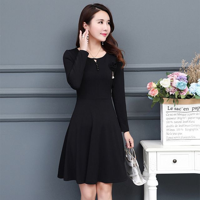 Everose-Long-Sleeve Plain Beaded A-Line Dress