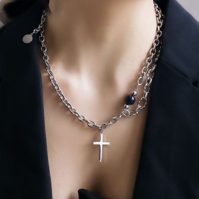 cross pendant layered chain necklace