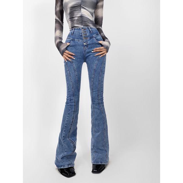 Ulark-High Rise Washed Panel Flared Jeans