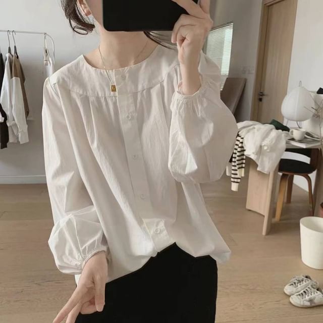 Lewwe-Long-Sleeve Crew Neck Button-Up Plain Blouse