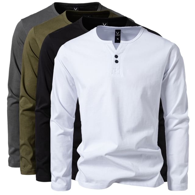 Sheck-Long Sleeve Notch Neck Plain Button T-Shirt