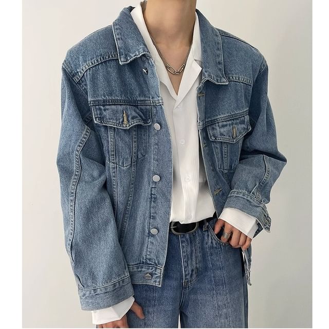 Nightbell-Collared Washed Button-Up Denim Jacket
