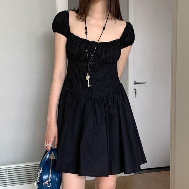 Striinkie-Puff-Sleeve Square Neck Plain Button Mini A-Line Dress