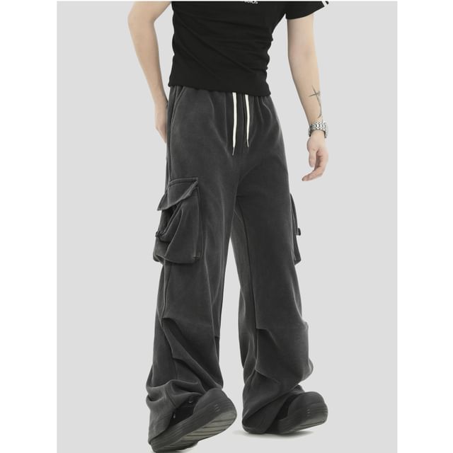 Drawstring Waist Plain Ruched Wide Leg Cargo Pants