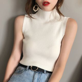 Gwendolyn Mock Neck Sleeveless Ribbed Knit Top
