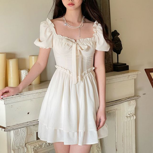 Everose-Puff-Sleeve Ruffled A-Line Dress