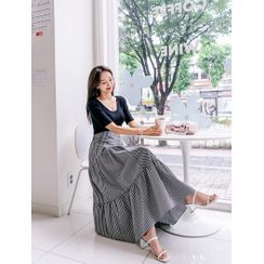 J-ANN - Frilled-Hem Striped Maxi Skirt J-ANN - Frilled-Hem Striped Maxi Skirt