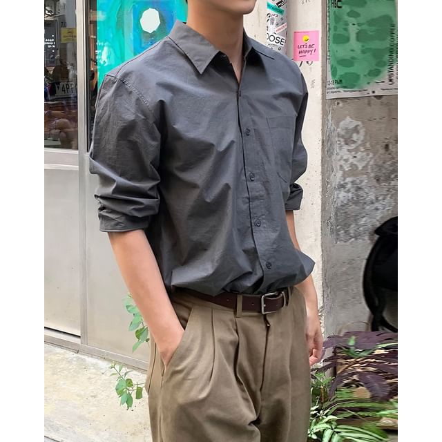 Okwano-Long-Sleeve Plain Pocket Front Shirt