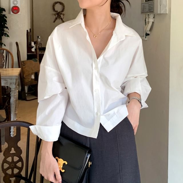ISSOL-Long-Sleeve Drop-Shoulder Plain Shirt