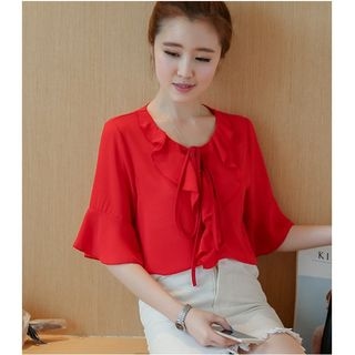 Eighoo-Ruffled Elbow-Sleeve Top