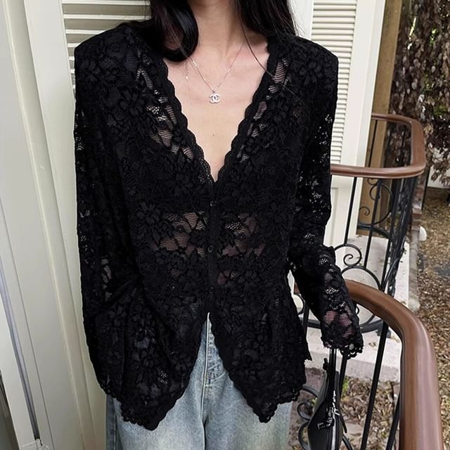 Essere-Flared-Cuff V-Neck Button-Up Lace Top