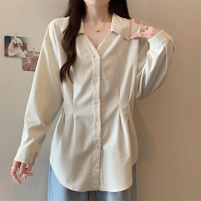 Cossita-Long Sleeve Plain Shirred Button-Up Shirt