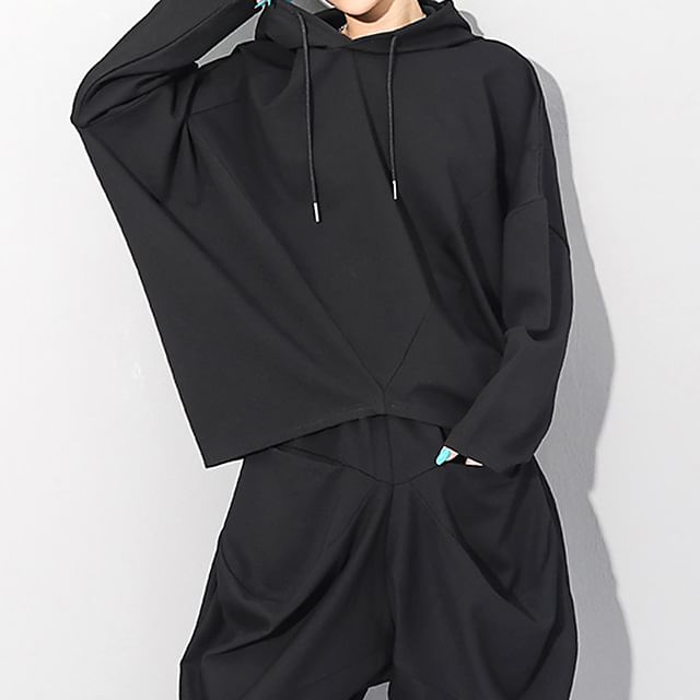 KUMI-Long-Sleeve Plain Hooded Asymmetrical Tee