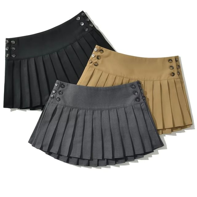 Asiris-Low Waist Plain Mini A-Line Pleated Skirt