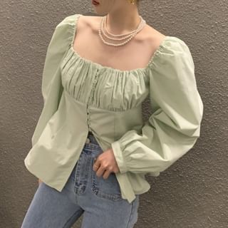 Tulstrix-Long-Sleeve Square Neck Plain Ruched Button-Up Slit Blouse
