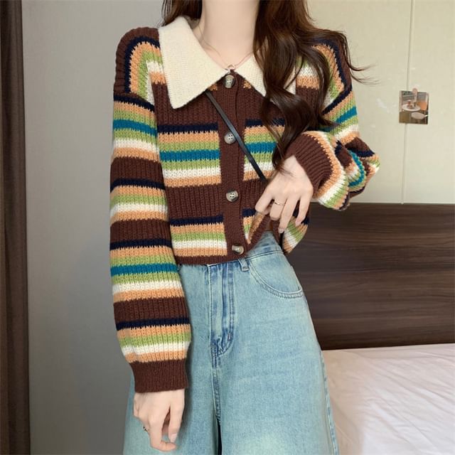 Magimomo-Collared Striped Crop Cardigan