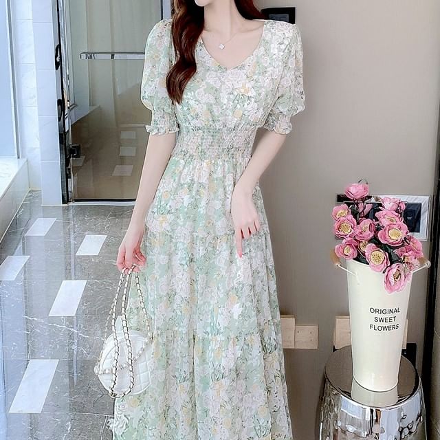 Cloud Nine - Puff-Sleeve V-Neck Floral Print Smocked Midi A-Line Dress | YesStyle Cloud Nine - Puff-Sleeve V-Neck Floral Print Smocked Midi A-Line Dress | YesStyle