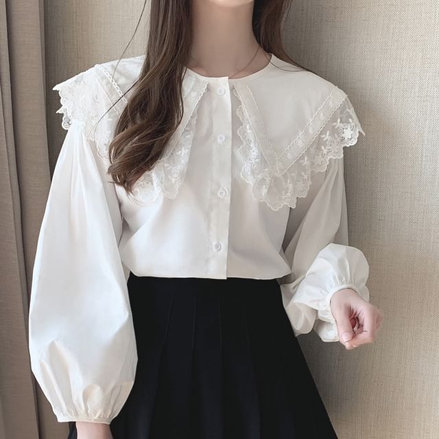 Coline-Long-Sleeve Lace Trim Plain Shirt