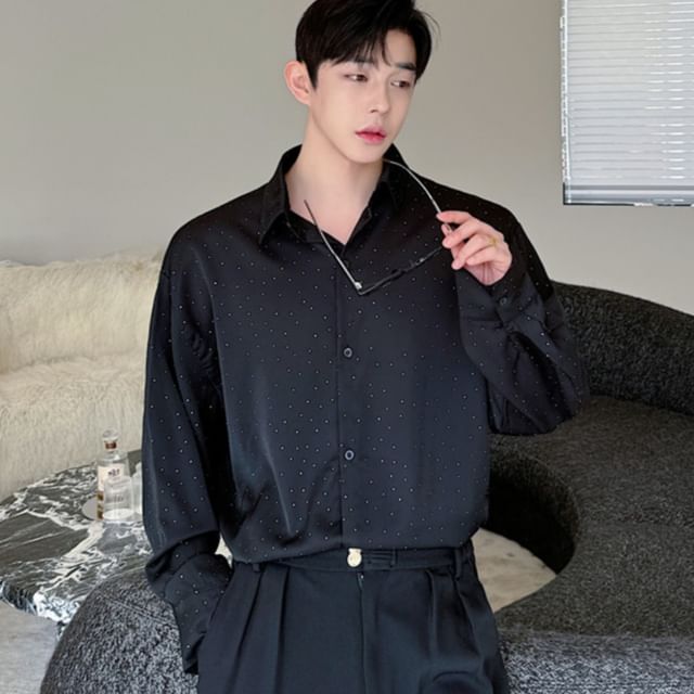 Freehop-Long-Sleeve Rhinestone Button-Up Shirt
