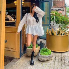 LIPHOP - V-Neck Long Tiered Blouse LIPHOP - V-Neck Long Tiered Blouse