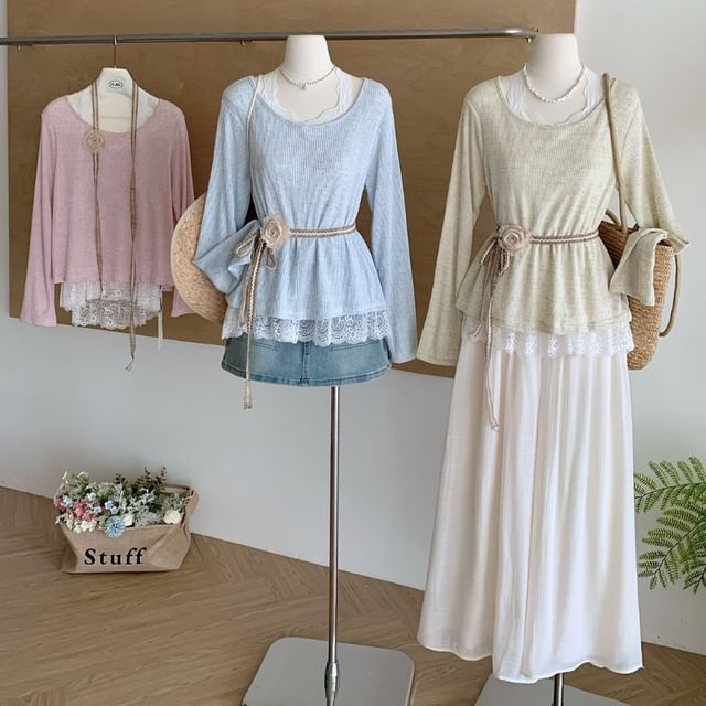 Dute-Long-Sleeve Round Neck Plain Lace Trim Tee