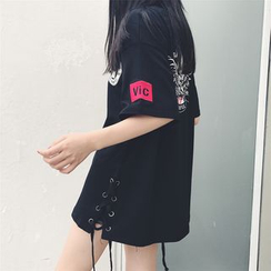 Princessy - Lace-Up Printed Long T-Shirt Princessy - Lace-Up Printed Long T-Shirt