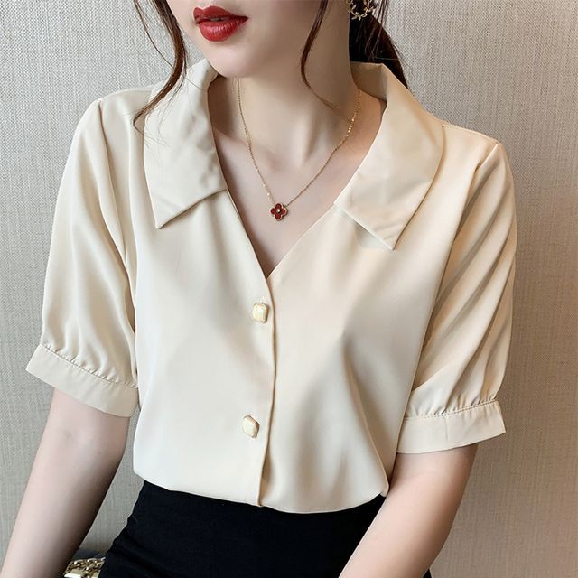 Everose-Short-Sleeve Button-Up Blouse