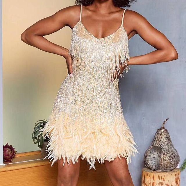 slim fit dress slacks Sparkly Sheath Spaghetti Straps Gold Mini Party Dresses with Tassel