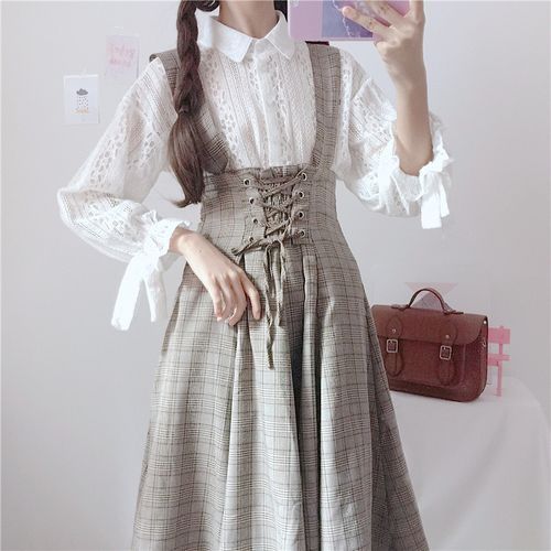 AKANYA - Long-Sleeve Lace Shirt / Plaid Midi A-Line Suspender Skirt