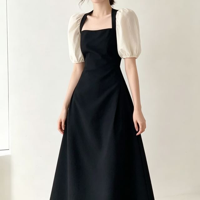 JVL-Puff-Sleeve Panel Midi A-Line Dress