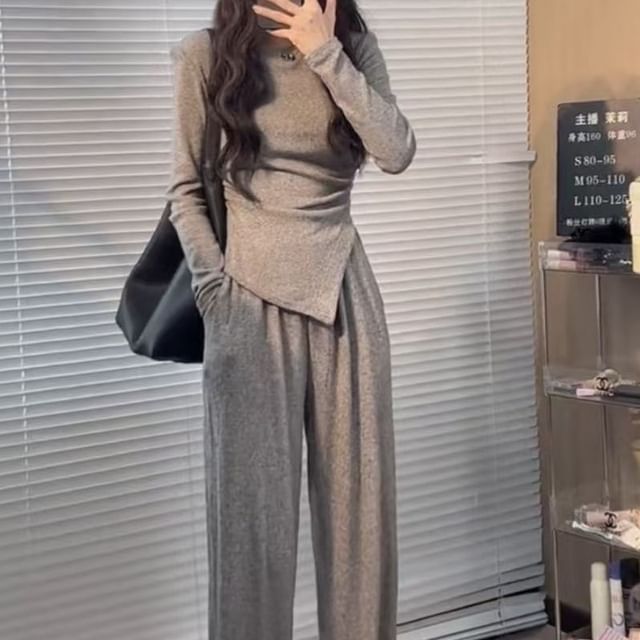 Cloud Nine-Set Long-Sleeve Crew Neck Asymmetrical Slim Fit Tee Elastic Waist Loose Fit Sweatpants