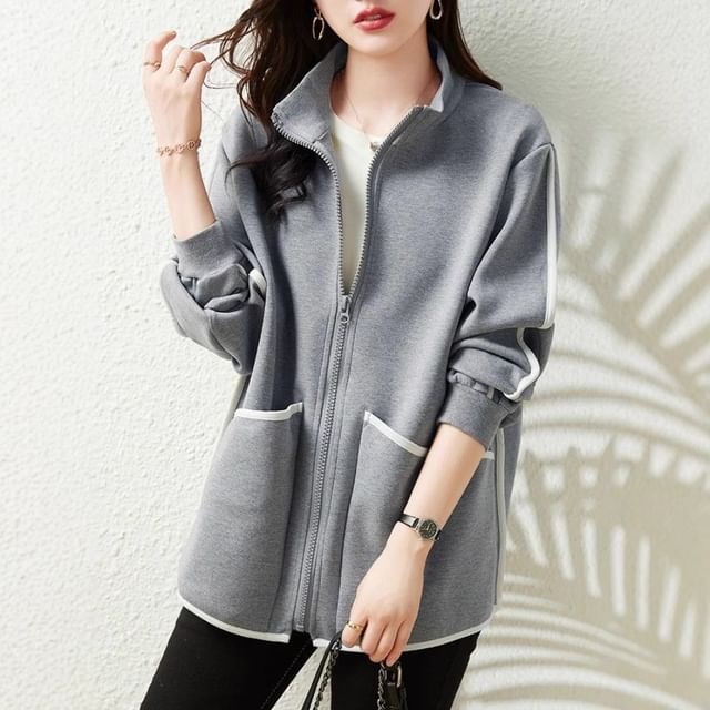 INEN-Striped Pocket Detail Zip Jacket