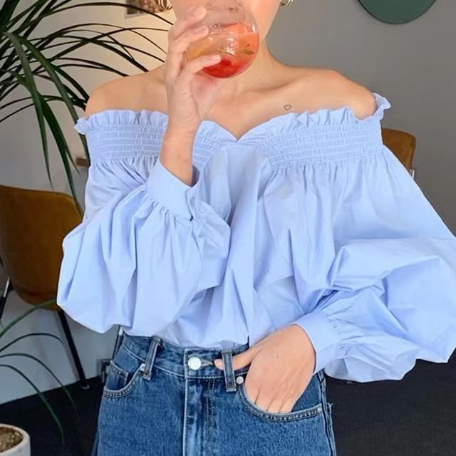 ISSOL-Long-Sleeve Off Shoulder Plain Blouse
