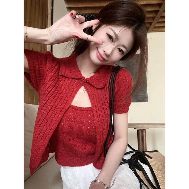 Beem-Set Scoop Neck Plain Knit Cami Top Short-Sleeve Collared Open Front Ribbed Knit Top