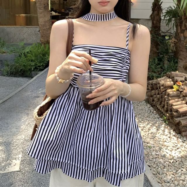 Beem-Spaghetti Strap Striped Flowy Cami Top