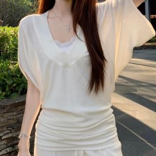 monroll-Short Sleeve V-Neck Plain Top