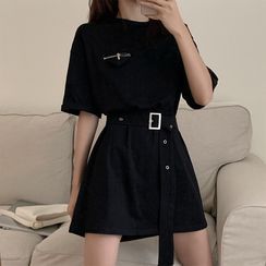 Amardeep - Belted Elbow-Sleeve Mini T-Shirt Dress Amardeep - Belted Elbow-Sleeve Mini T-Shirt Dress