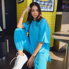 LIPHOP - Set: Letter-Printed Elbow-Sleeve T-Shirt + Jogger Pants LIPHOP - Set: Letter-Printed Elbow-Sleeve T-Shirt + Jogger Pants