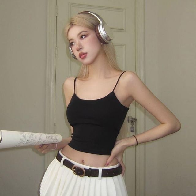 PERKARP-Plain Cutout Padded Crop Cami Top