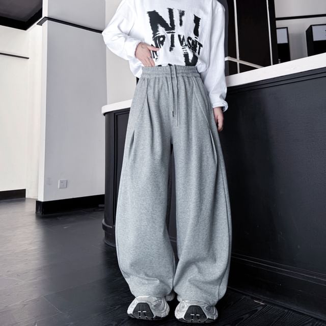 Omozando-Drawstring Waist Plain Straight Leg Sweatpants